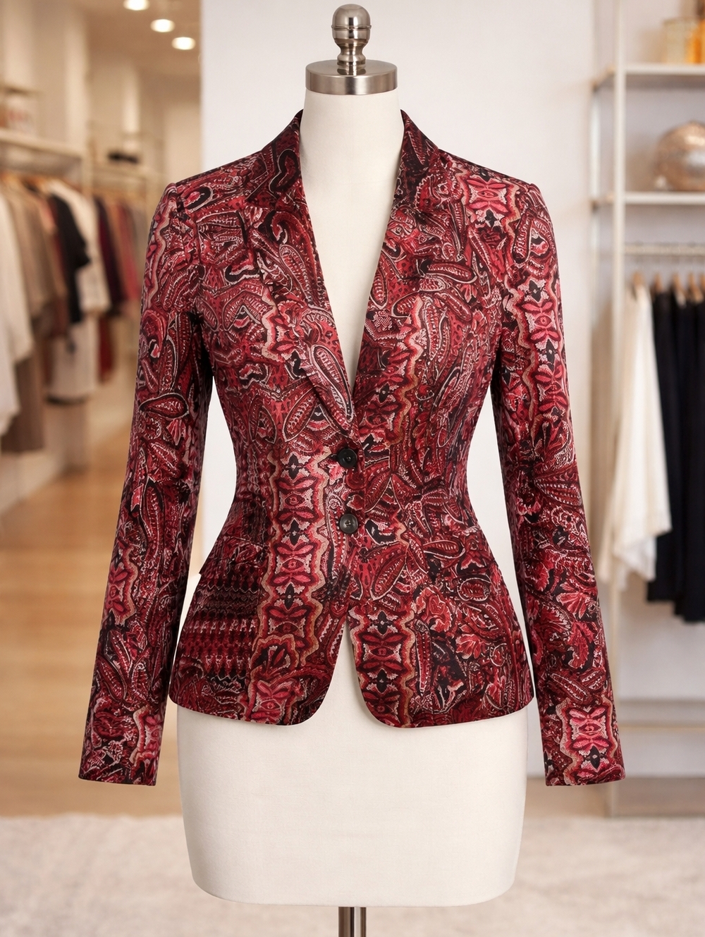 Tahari Red Paisley Notch-Lapel Single-Button Blazer Size 4 (Small Médium)